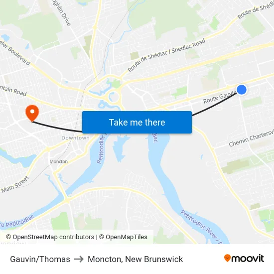 Gauvin/Thomas to Moncton, New Brunswick map
