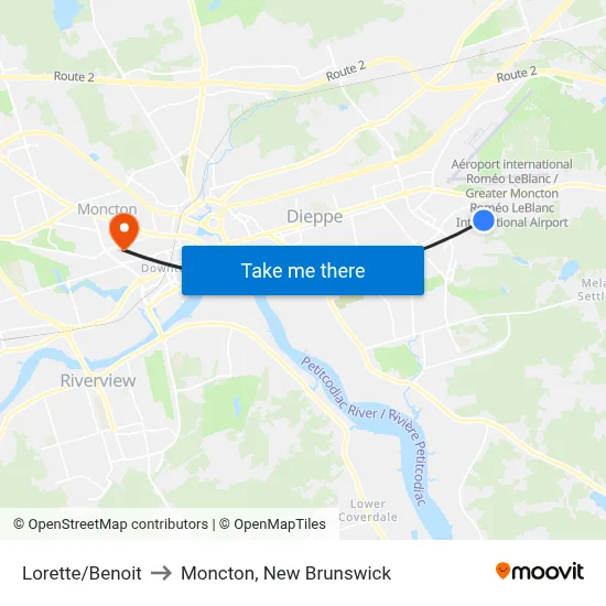 Lorette/Benoit to Moncton, New Brunswick map