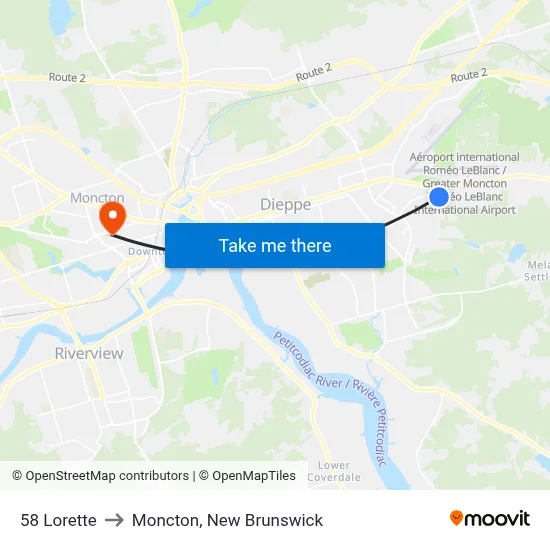 58 Lorette to Moncton, New Brunswick map