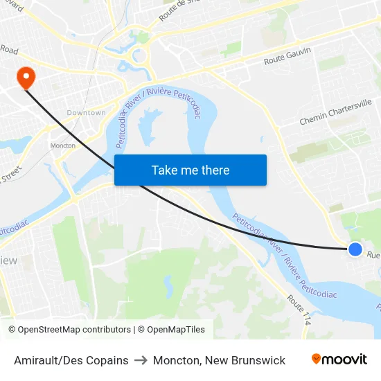 Amirault/Des Copains to Moncton, New Brunswick map