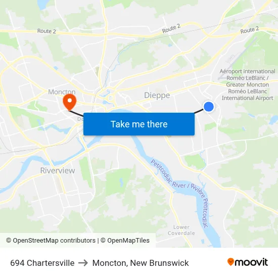 694 Chartersville to Moncton, New Brunswick map