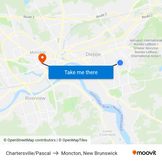 Chartersville/Pascal to Moncton, New Brunswick map