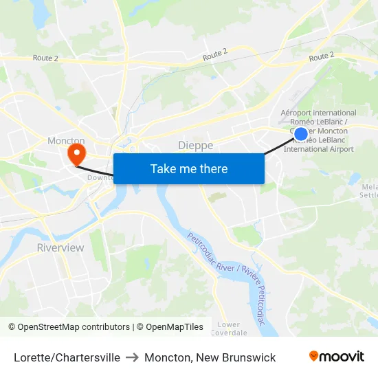 Lorette/Chartersville to Moncton, New Brunswick map