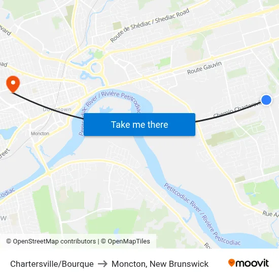Chartersville/Bourque to Moncton, New Brunswick map