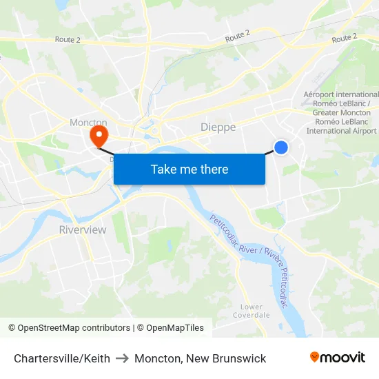 Chartersville/Keith to Moncton, New Brunswick map