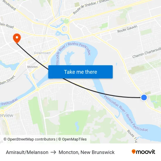 Amirault/Melanson to Moncton, New Brunswick map