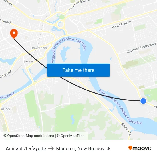 Amirault/Lafayette to Moncton, New Brunswick map