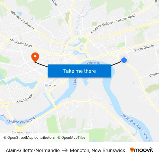 Alain-Gillette/Normandie to Moncton, New Brunswick map