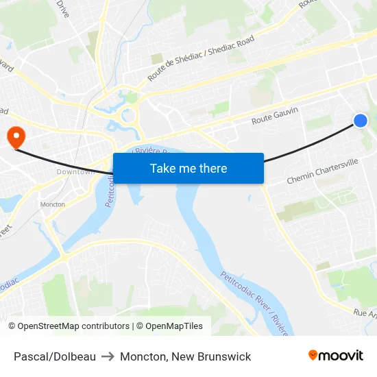 Pascal/Dolbeau to Moncton, New Brunswick map