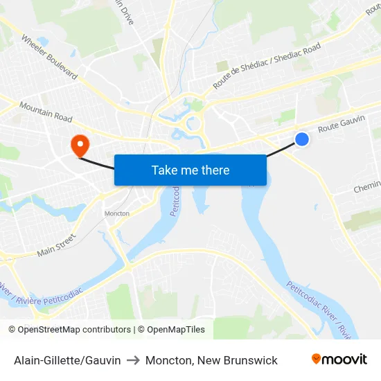 Alain-Gillette/Gauvin to Moncton, New Brunswick map