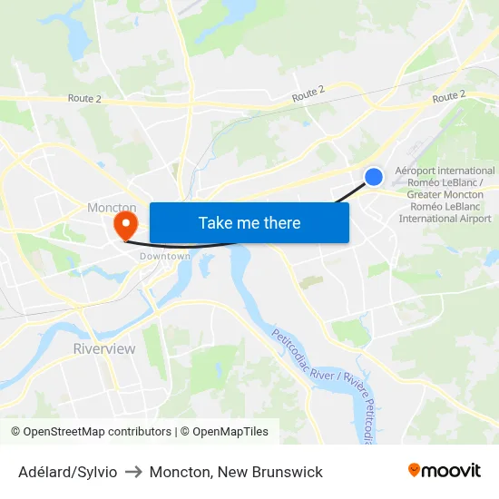 Adélard/Sylvio to Moncton, New Brunswick map