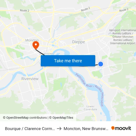 Bourque / Clarence Cormier to Moncton, New Brunswick map