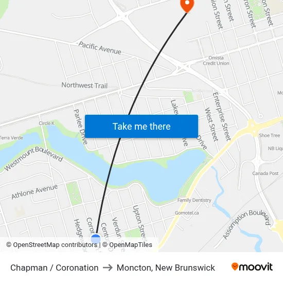 Chapman / Coronation to Moncton, New Brunswick map