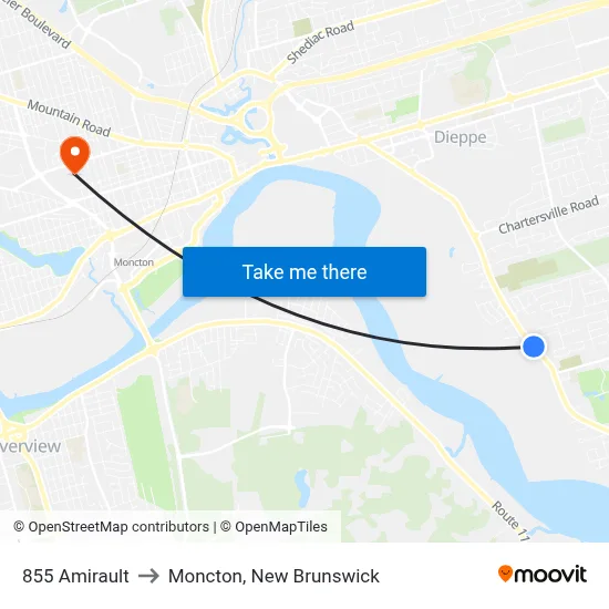 855 Amirault to Moncton, New Brunswick map