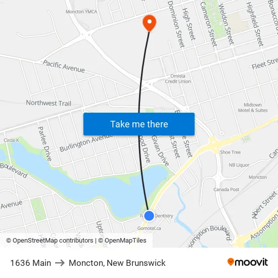 1636 Main to Moncton, New Brunswick map
