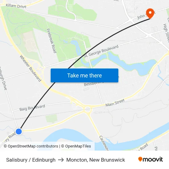 Salisbury / Edinburgh to Moncton, New Brunswick map