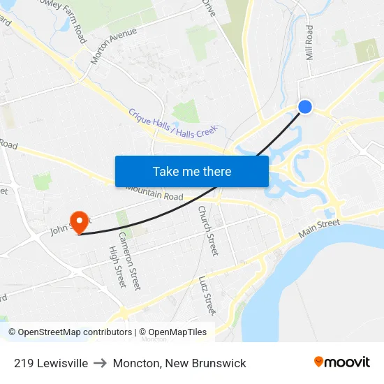 219 Lewisville to Moncton, New Brunswick map
