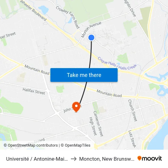 Université / Antonine-Maillet to Moncton, New Brunswick map