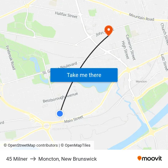 45 Milner to Moncton, New Brunswick map