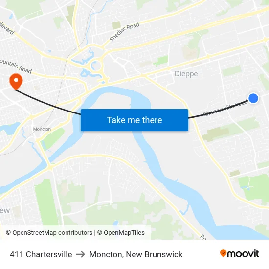 411 Chartersville to Moncton, New Brunswick map
