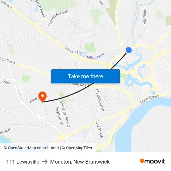 111 Lewisville to Moncton, New Brunswick map