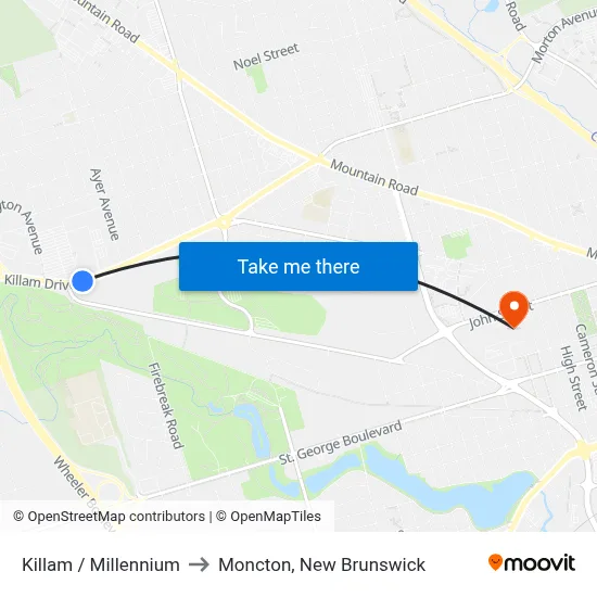 Killam / Millennium to Moncton, New Brunswick map