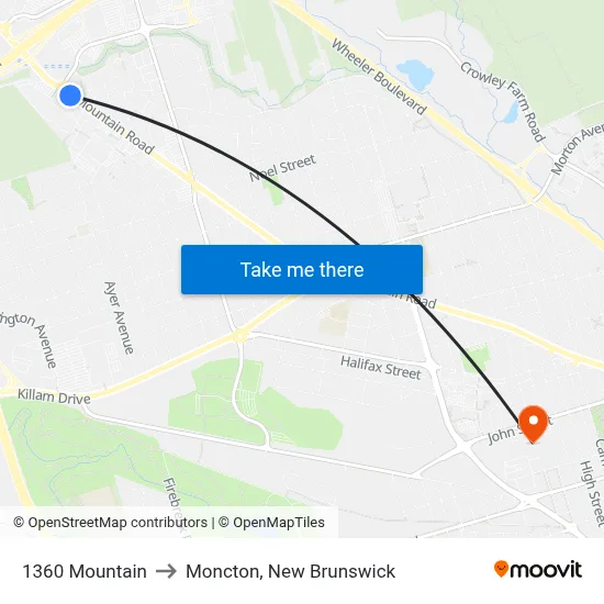 1360 Mountain to Moncton, New Brunswick map