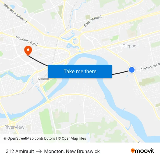 312 Amirault to Moncton, New Brunswick map