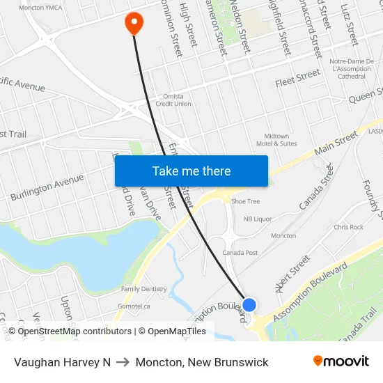 Vaughan Harvey N to Moncton, New Brunswick map