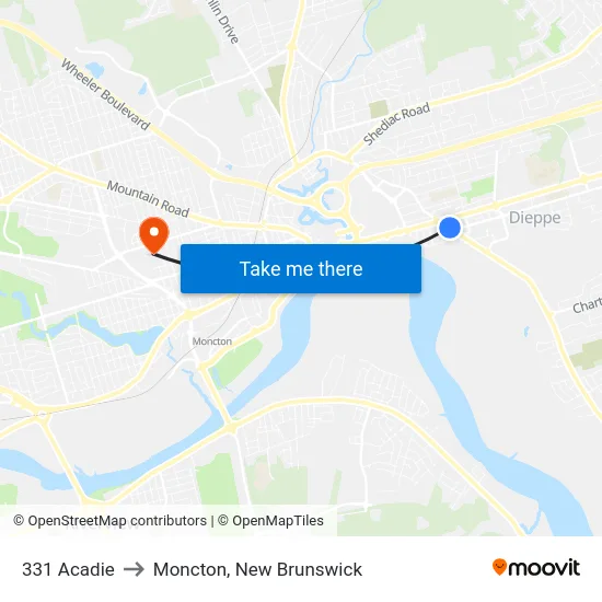 331 Acadie to Moncton, New Brunswick map