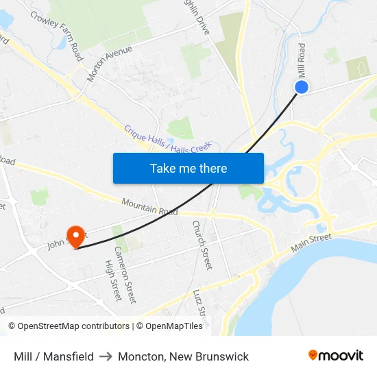 Mill / Mansfield to Moncton, New Brunswick map