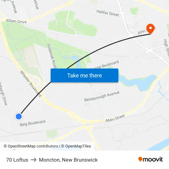 70 Loftus to Moncton, New Brunswick map