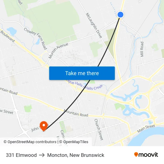331 Elmwood to Moncton, New Brunswick map