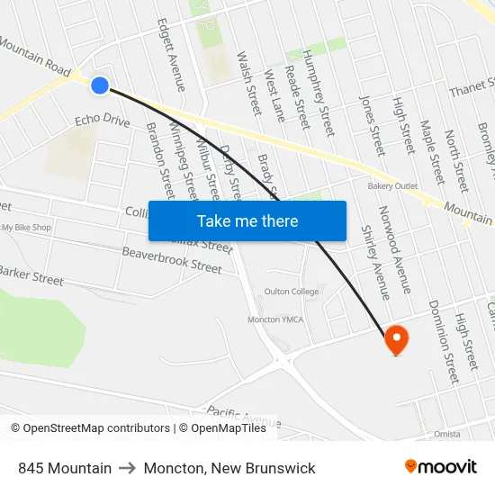 845 Mountain to Moncton, New Brunswick map