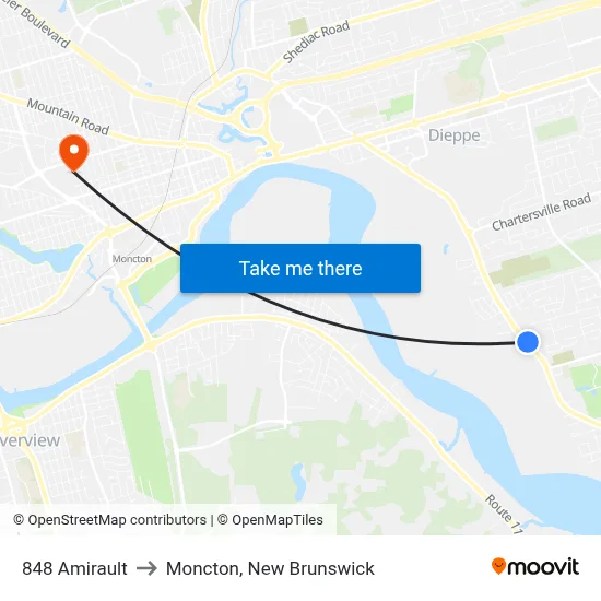 848 Amirault to Moncton, New Brunswick map