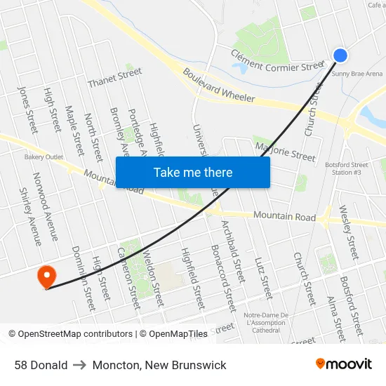 58 Donald to Moncton, New Brunswick map