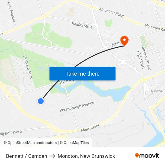 Bennett / Camden to Moncton, New Brunswick map