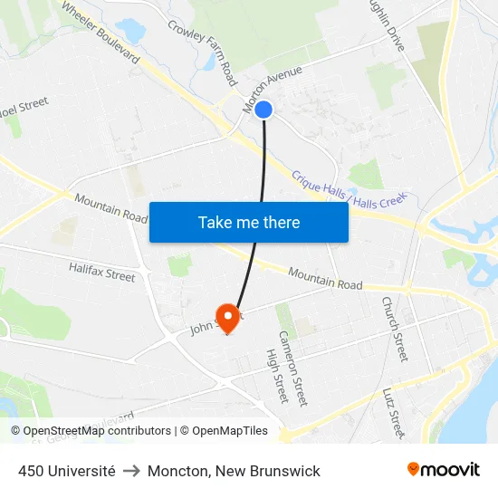 450 Université to Moncton, New Brunswick map