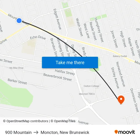 900 Mountain to Moncton, New Brunswick map