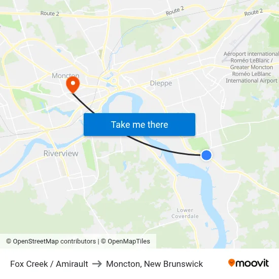 Fox Creek / Amirault to Moncton, New Brunswick map