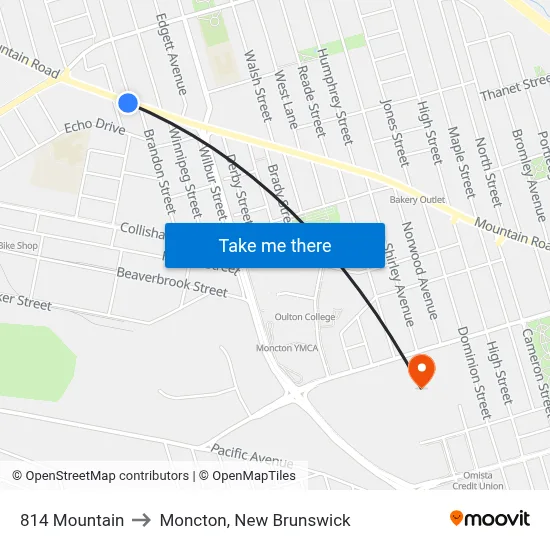 814 Mountain to Moncton, New Brunswick map