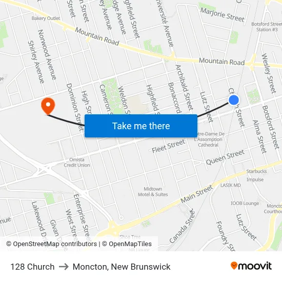 128 Church to Moncton, New Brunswick map