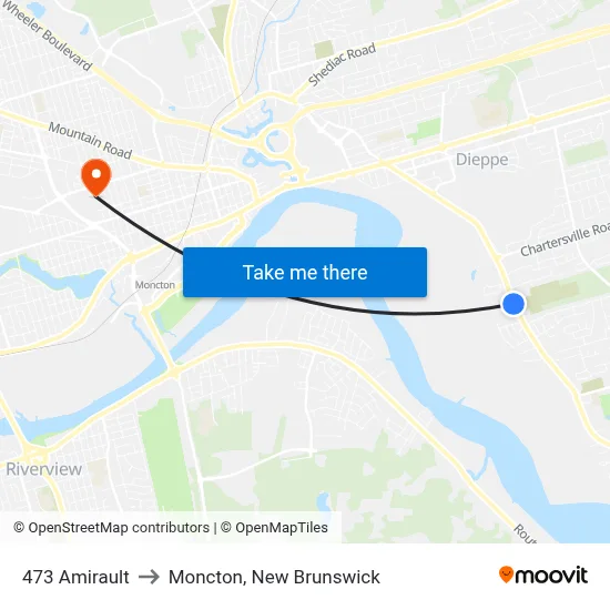 473 Amirault to Moncton, New Brunswick map