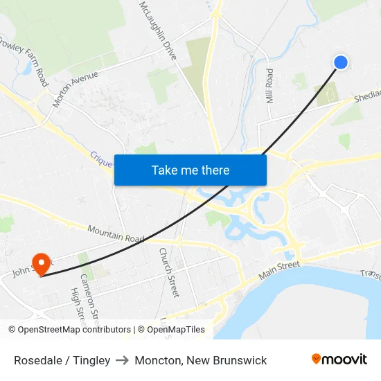 Rosedale / Tingley to Moncton, New Brunswick map