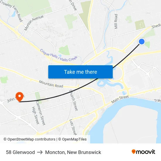58 Glenwood to Moncton, New Brunswick map