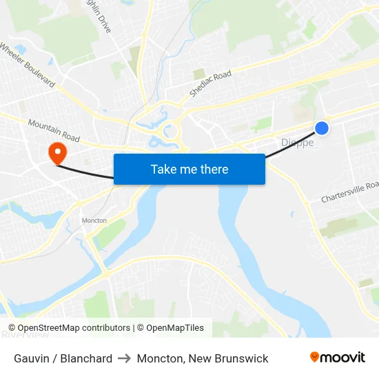 Gauvin / Blanchard to Moncton, New Brunswick map