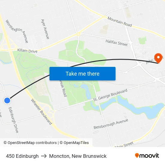 450 Edinburgh to Moncton, New Brunswick map