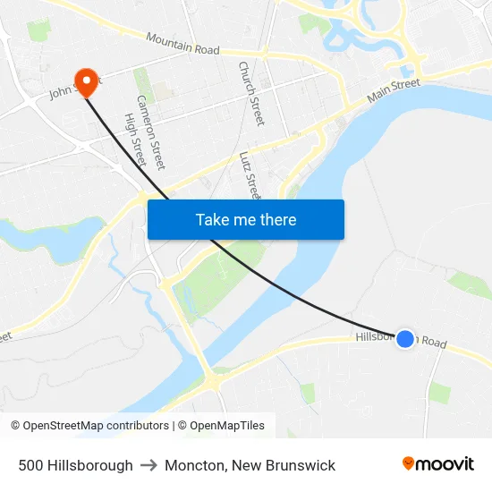 500 Hillsborough to Moncton, New Brunswick map