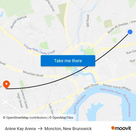 Arène Kay Arena to Moncton, New Brunswick map