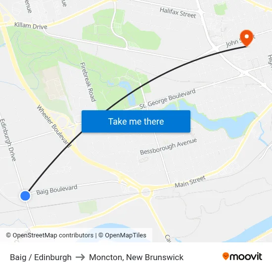 Baig / Edinburgh to Moncton, New Brunswick map